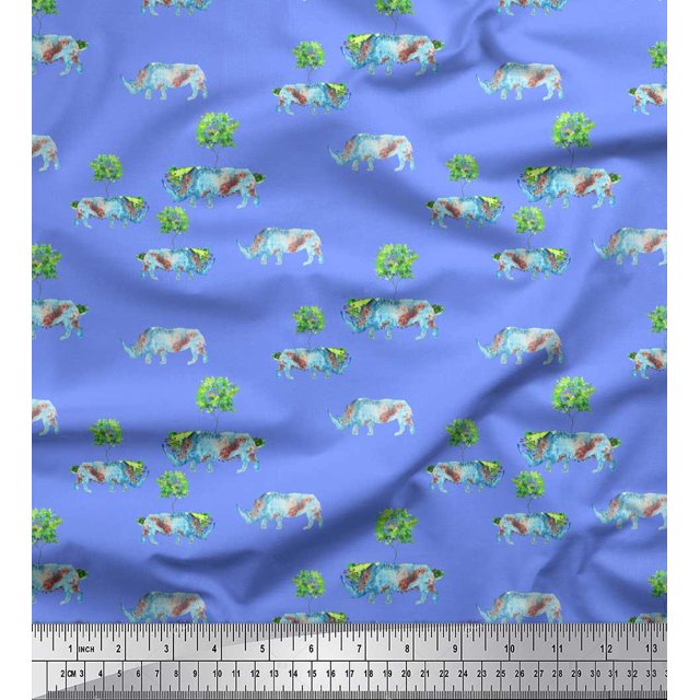 Soimoi Blue Poly Georgette Fabric Tree & Rhinoceros Animal Printed Fabric 1 Yard 42 Inch Wide