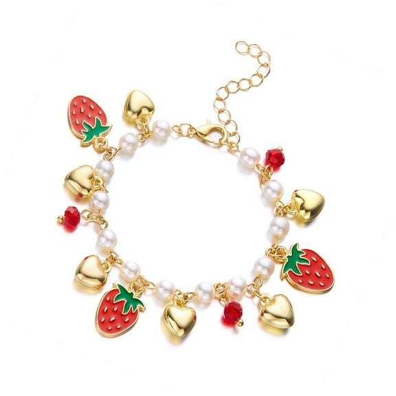 lixuesong Strawberry Cherrys Heart Pearls Beaded Bracelet for Women Adjustable Lovely Vocation Fruit Jewelry Statement Pieces