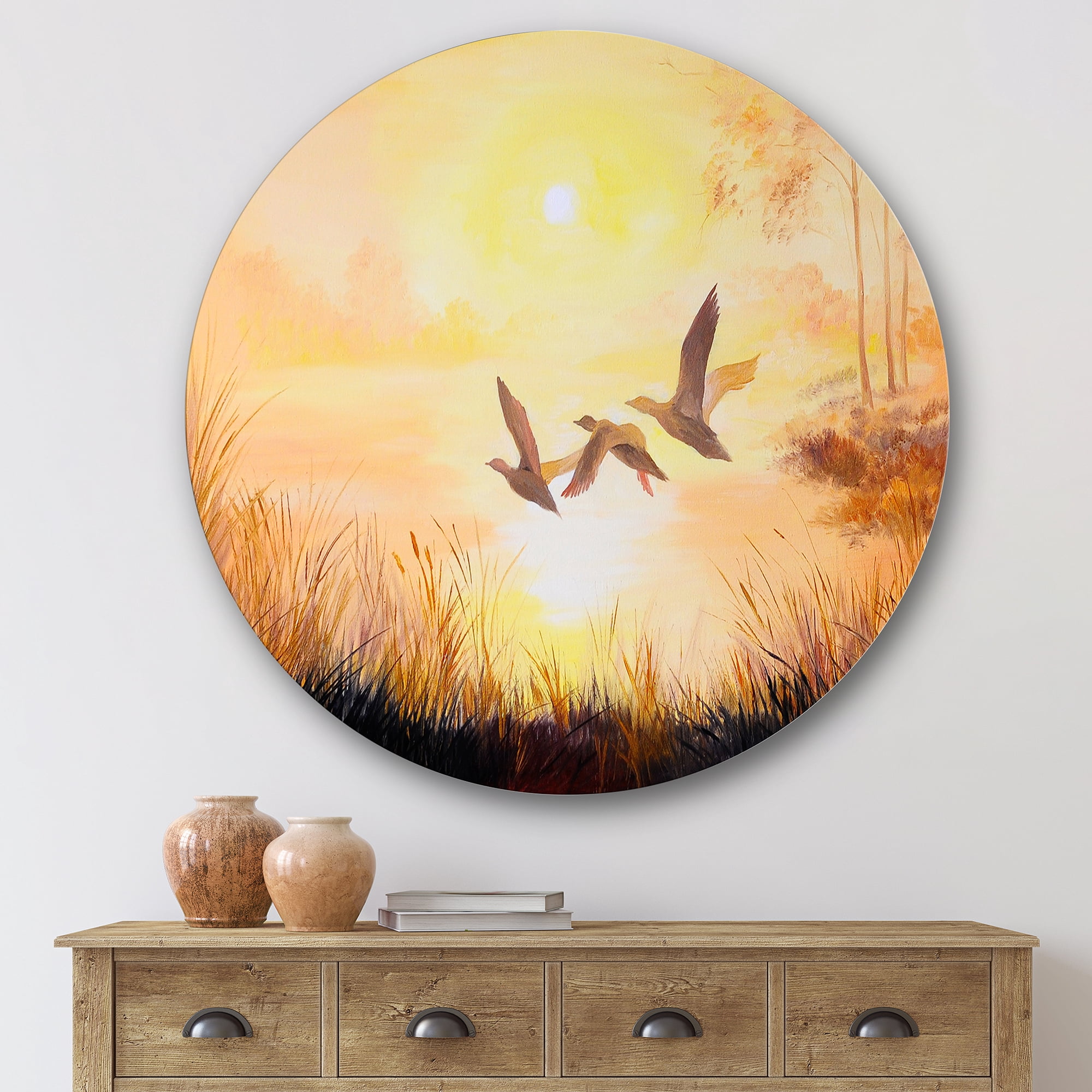 Designart 'Three Cranes Flying Through Warm Sunset' Traditional Circle Metal Wall Art 29x29 - Disc of 29