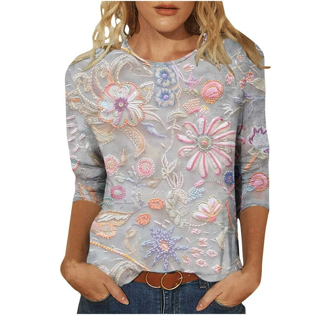 Tnhcen T-Shirts Graphiques de Base à Col Rond à Manches 7/8 pour Femmes, Coupe Ample, Imprimé Vintage d'Automne - T-Shirts d'Automne Grande Taille P-5TG