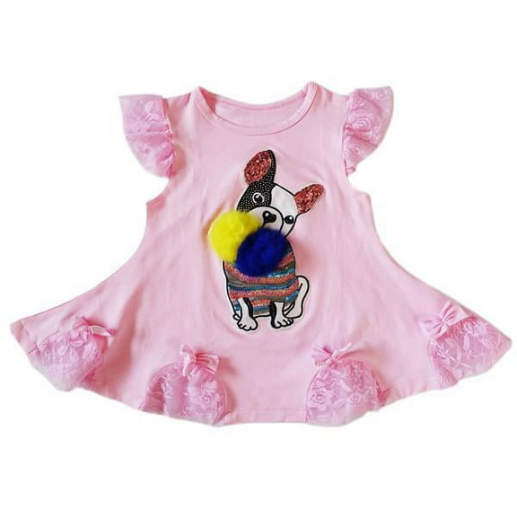 Wenchoice Pink Sequins French Bulldog Pom-Pom Swing Dress S(1-2Y)