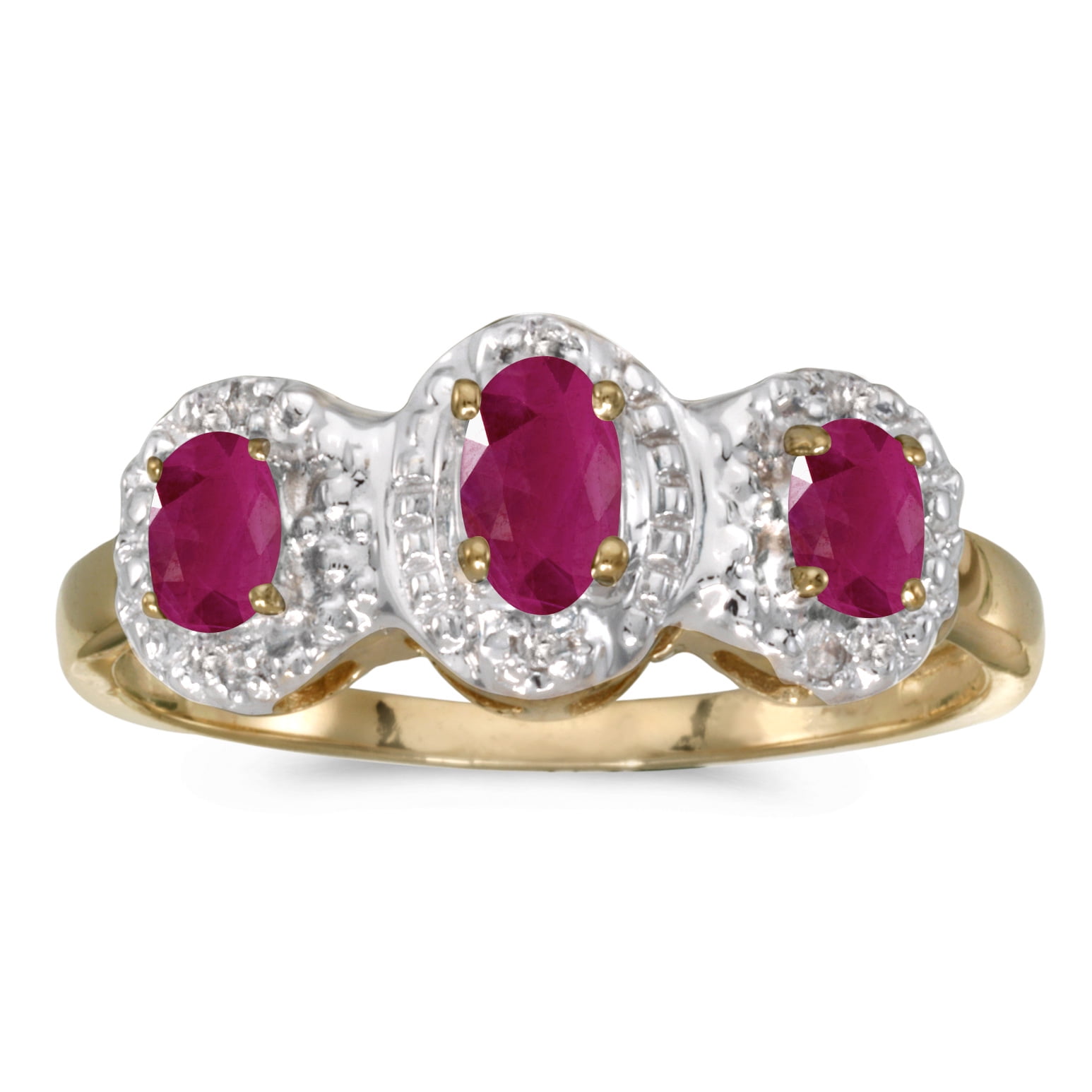 10k Yellow Gold Oval Ruby And Diamond Three Stone Ring by
