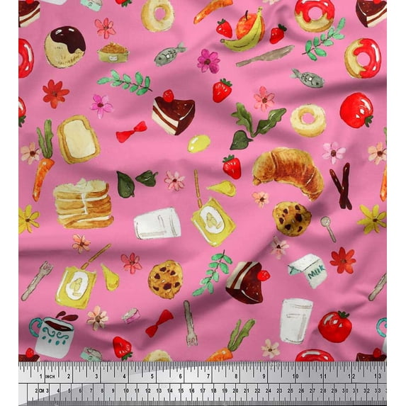 Soimoi Japan Crepe Satin Fabric Fruits,Bread & Donut Food Print Sewing Fabric Yard 42 Inch Wide