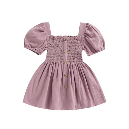 

Domingbub Toddler Baby Girl Summer Dress Puff Short Sleeve Square Neck Solid Color Button A-line Party Skirt Purple 5-6 Years