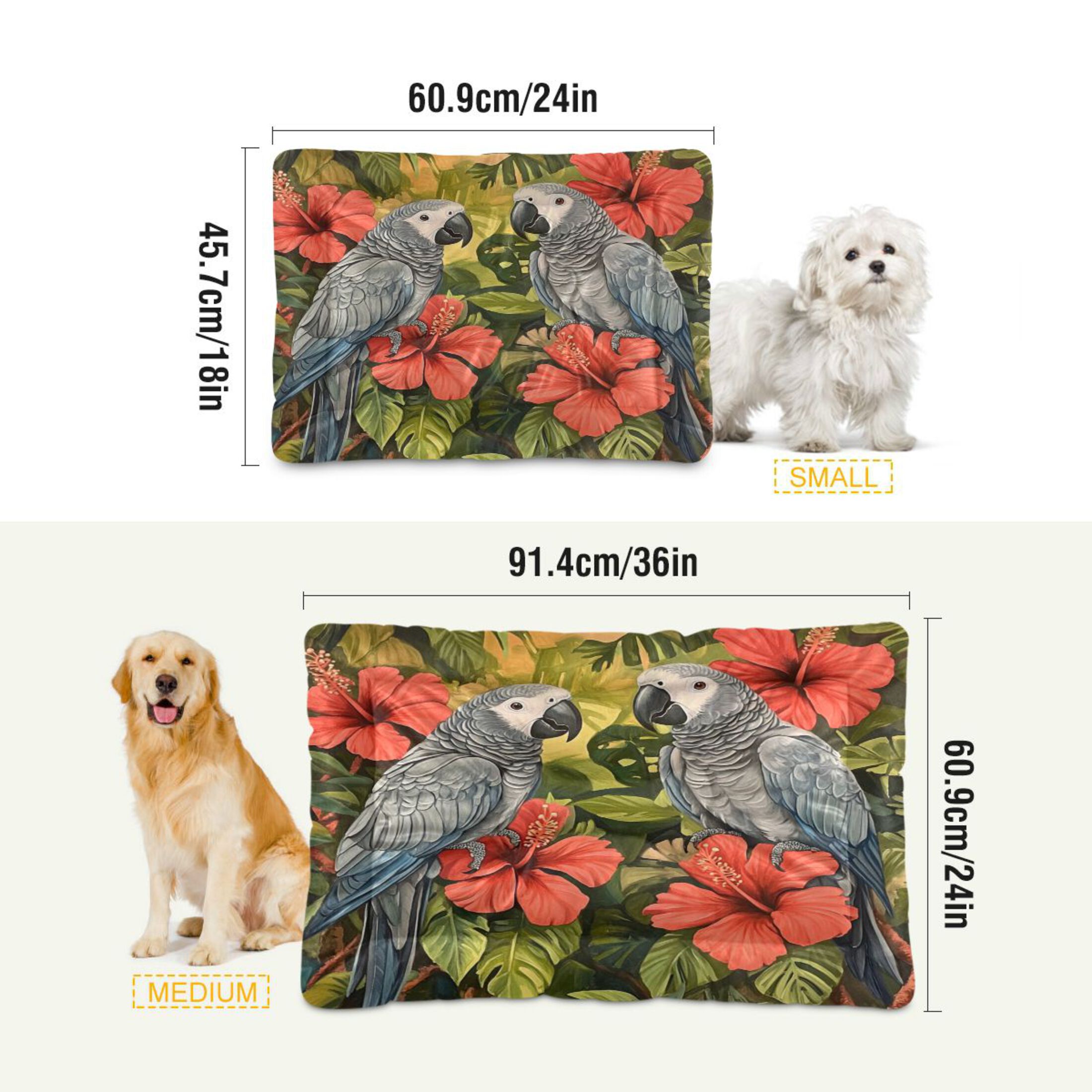 Qxltty Two Playful Gray Parrots Ped Pad Wear-resistant and Hard to Bite Through Sleeping Pad for Small Medium Large Dogs Winter Pet Bed 36×24in