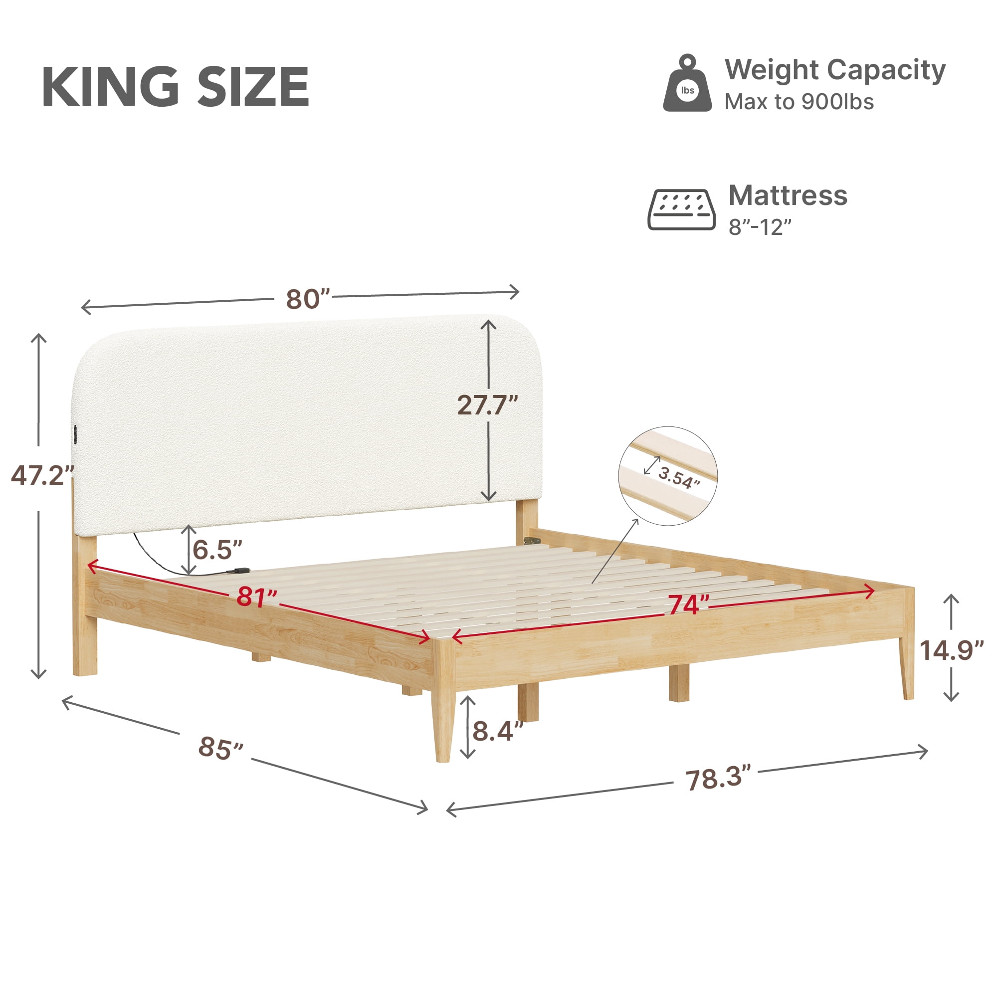 Spruce & Spring Modern Upholstered Bed Frame with Bouclé Headboard, USB & Type-C Charging Ports, King