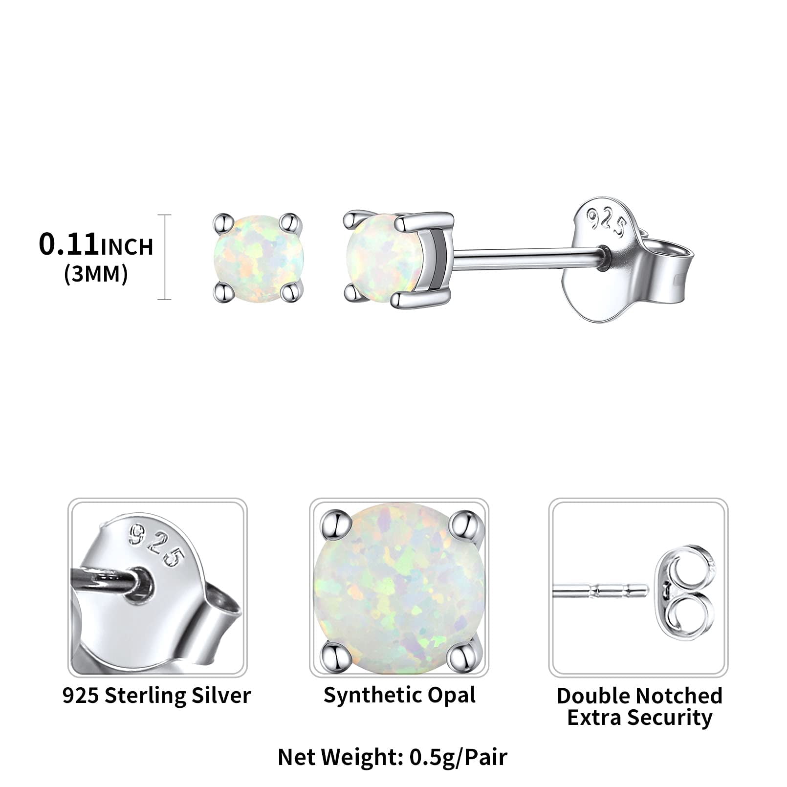 ChicSilver 3mm Created White Opal Stud Earrings Hypoallergenic Sterling Silver Round Cut Earrings for Women October Birthstone Jewelry