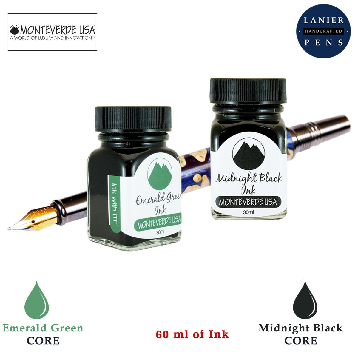 Monteverde 60ml Core Fountain Pen Ink Bottle (30ml Emerald Green Ink Bottle G309EG, 30ml Midnight Black Ink Bottle G309MB)