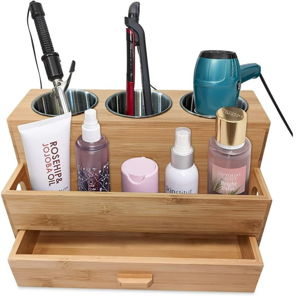 Hair Tool Organizer- Bamboo, Blow Dryer Holder, Bathroom Countertop, Vanity Caddy Storage Stand for Accessories, Makeup, Toiletries