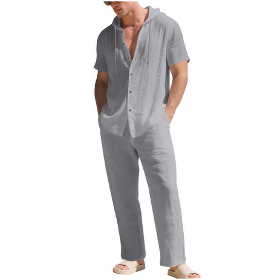 Eryao Linen Suit for Men 2 Piece Lounge Outfit Button Down Hooded Shirts and Beach Pant Sets with Pockets,Dark Gray,S