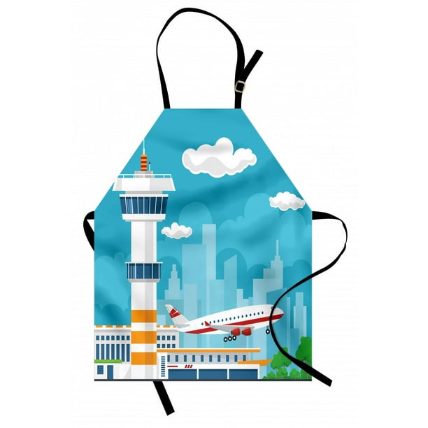 Airport Apron, Themed Cartoon of Control Tower and Take Off Plane on City  Silhouette, Unisex Kitchen Bib with Adjustable Neck for Cooking Gardening, 