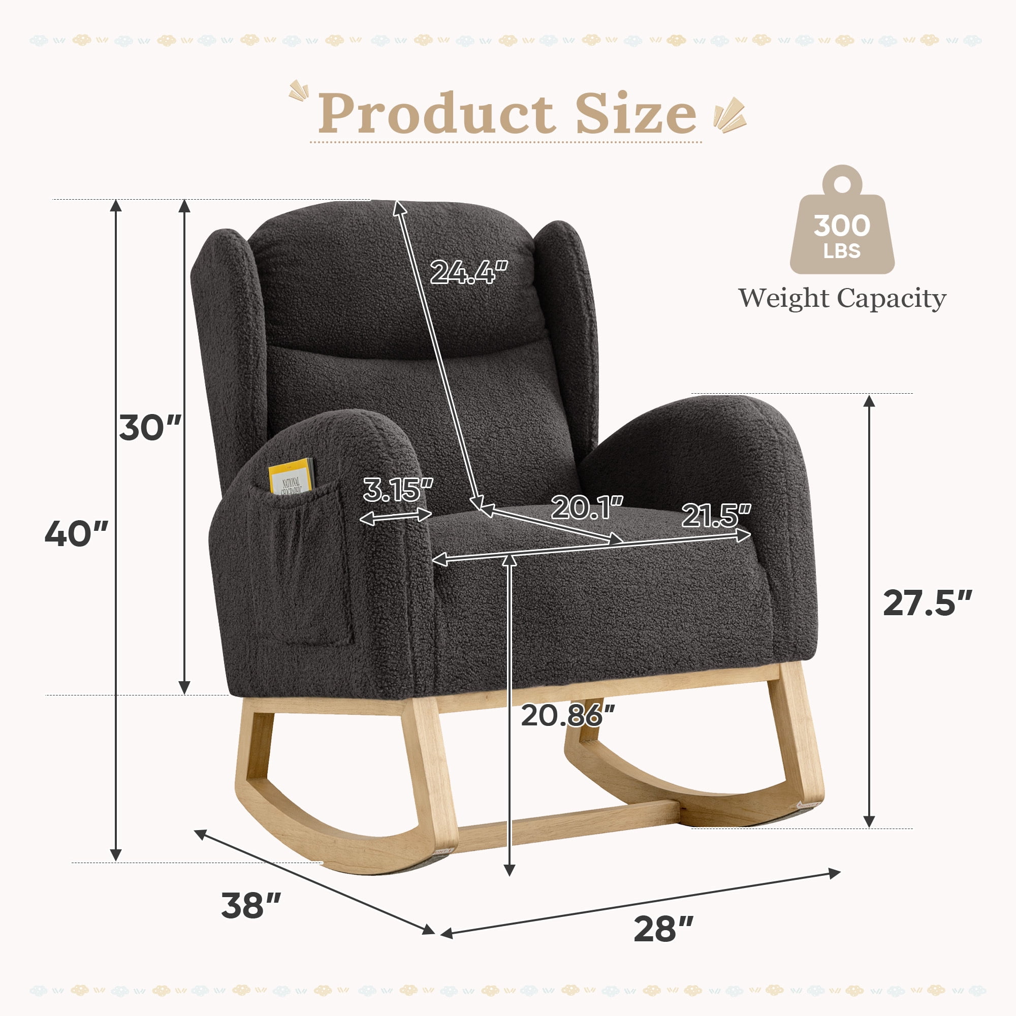 Muumblus Nursery Rocking Chair, Wingback Glider Rocker, Indoor Uphlostered Rocking Chair, Gray Teddy
