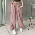 thumbnail image 2 of Women's Cargo Long Pants Spring Fall High Waist Solid Color Trousers Straight Wide Leg Loose Joggings Pants Stretch Denim Retro Versatile Trousers with Pockets, 2 of 3
