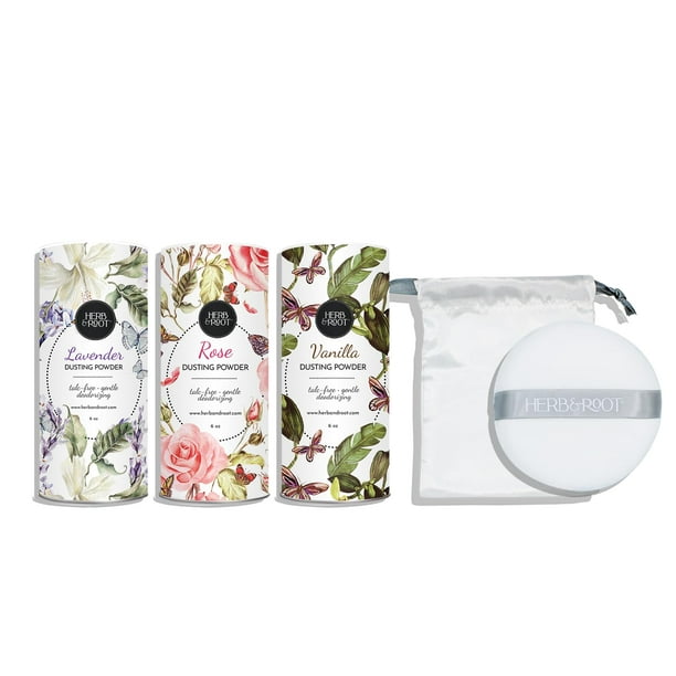 Set de regalo de polvos corporales sin talco Herb & Root (Lo favorito de Oprah): aromas de lavanda, rosa y vainilla con un toque de arrurruz orgánico, maicena, polvos para polvo y pies para mujeres y