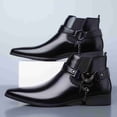 thumbnail image 3 of Men's Eagle Metal Buckle Chelsea Boots, Pointed Toe PU Leather Side-Zip Ankle Boots, Punk Rock Style Chain-Decorated Boots for Daily, Party, Performance Wear, 3 of 6