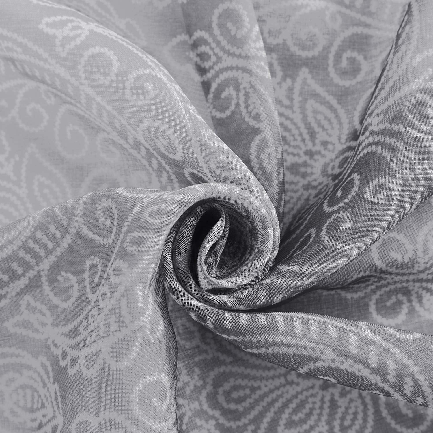 JIUZHEN Grey Damask Ombre Semi Sheer Curtains for Living Room - Faux Linen Gradient Grommet Voile Curtains for Bedroom, 2 Window Curtain Panels, 52 x 84 inches Long