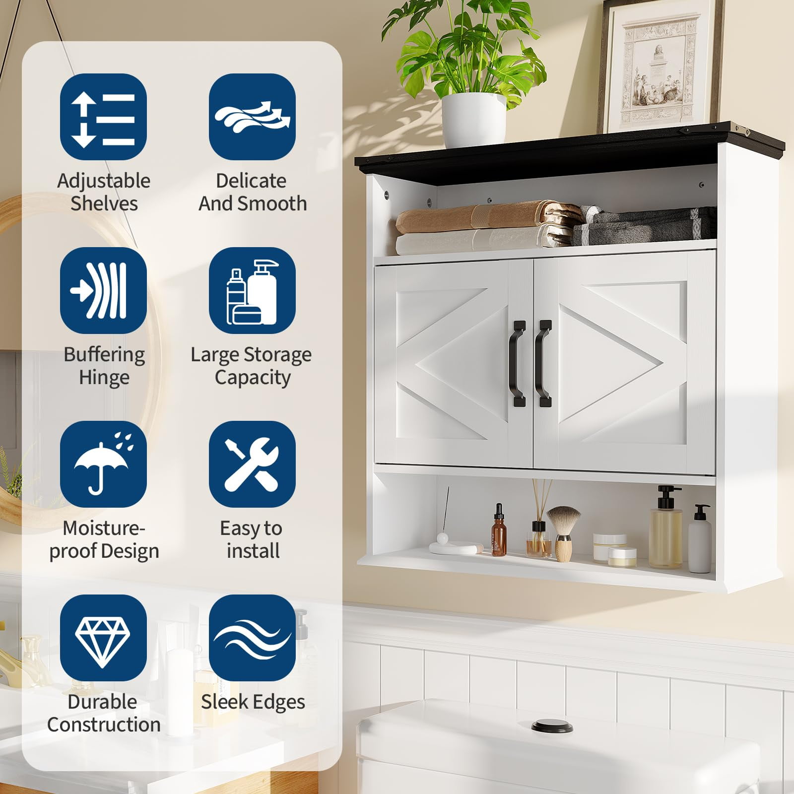 25" Wide Wall-Mounted Bathroom Cabinet with Barn Doors, Over-Toilet Storage with Adjustable Shelf & Drawer, Hanging Cabinet for Bathroom, Kitchen, Laundry, or Entryway