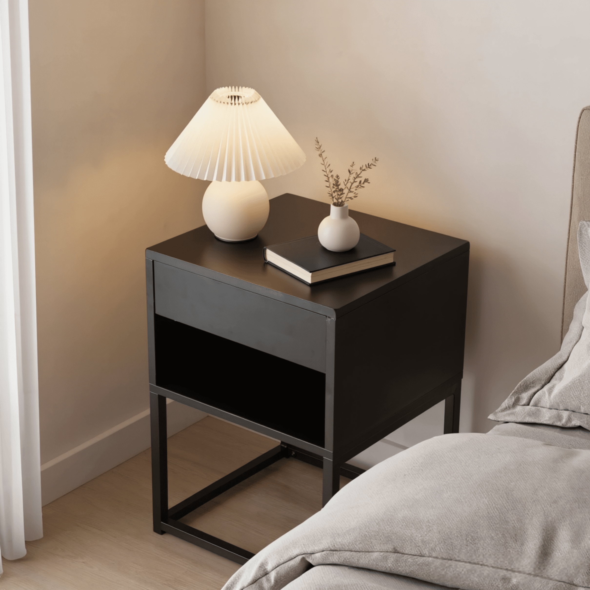 BSHTI 15.91" Nightstand with Drawer and Storage Shelf, MDF with Metal Legs, Modern Side Table for Bedroom Living Room Small Space,Black