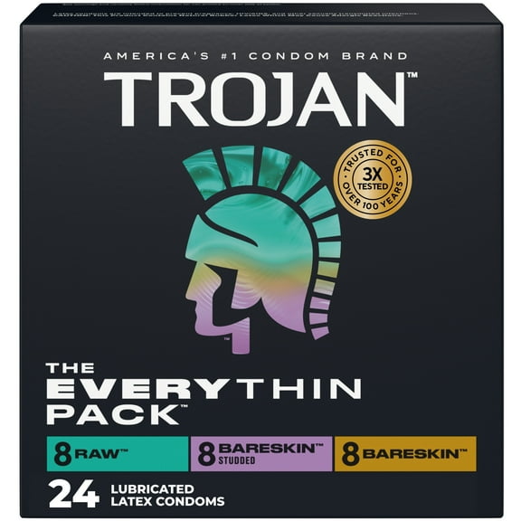 Trojan The Everythin Pack Latex Lubricated Condoms with Raw, Bareskin, Bareskin Studded, 24 Count