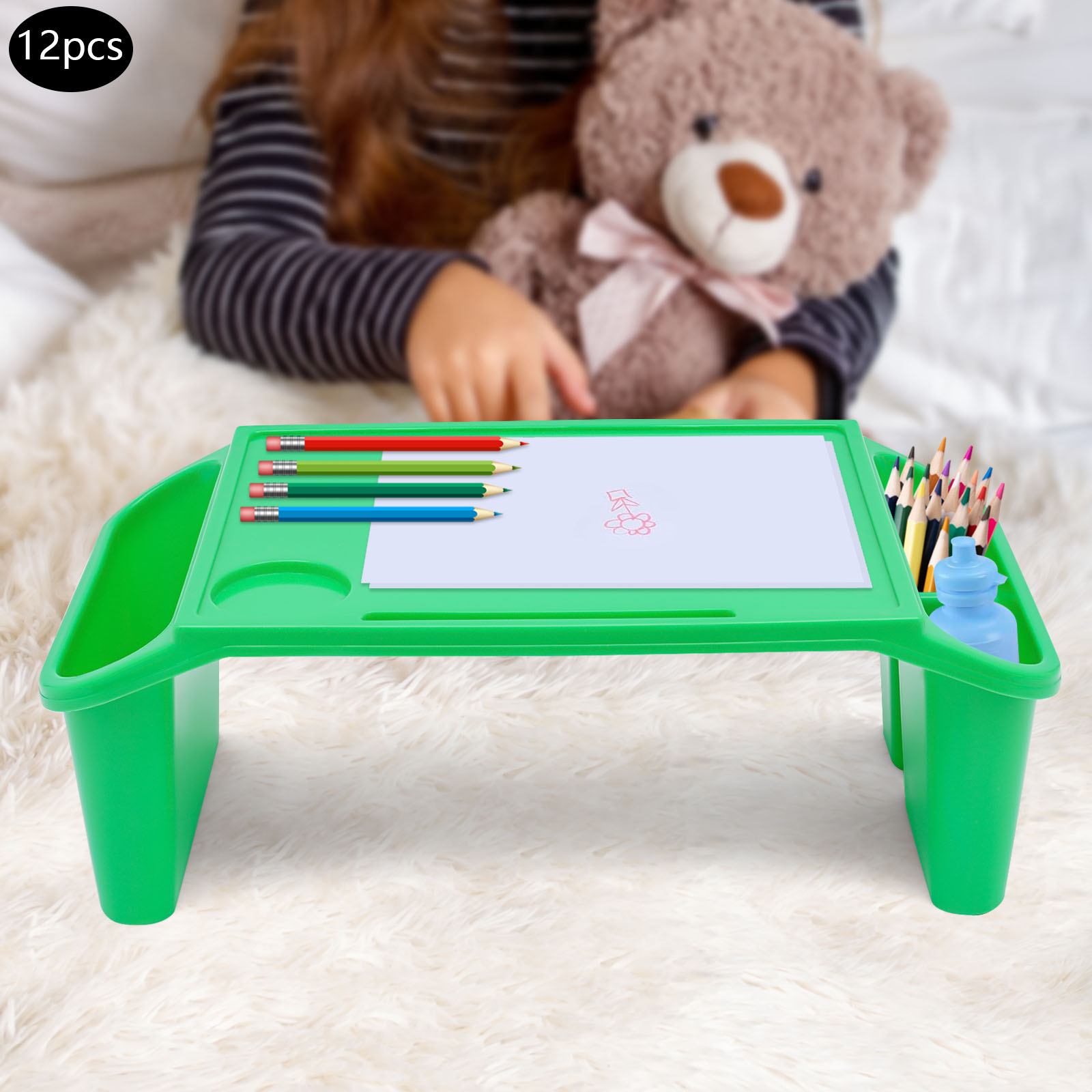 Set of 12 Children's Lap Desk Trays - Portable, Lightweight, Sturdy & Easy to Clean for Eating, Reading, Homework, & Play - Green Color, for Kids Age 1-9