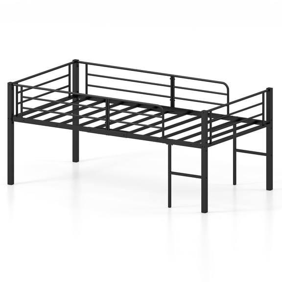 Costway Twin Size Low Loft Bed, Heavy Duty Metal Bed Frame with Safety Guardrails&2 Ladders Black