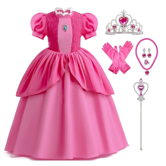 Princess Peach Costume Girls Puff Sleeve Dress Halloween Christmas Cosplay Outfit