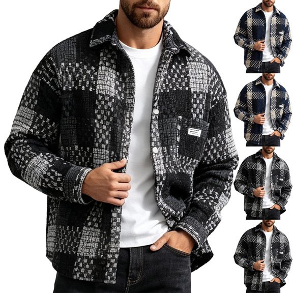 MexChoioe Mens Plaid Contrast Collar Canvas Jacket Button Closure Side Patch Pockets Loose Fall Fashion Casual Outerwear for Mens
