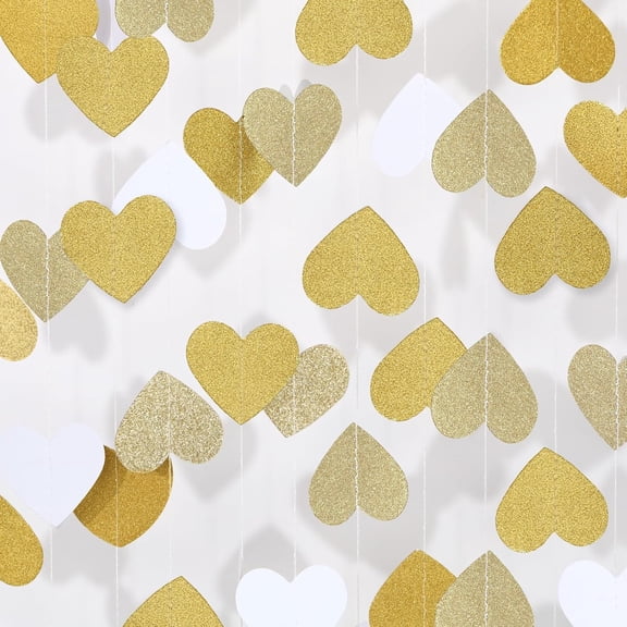 White-Gold Champagne Party-Decorations Heart Streamers Garland - 65Ft Christmas Wedding Engagement Hanging Paper Banner,Bachelorette Neutral Baby Bridal Shower Decor Banners Lasting Surprise