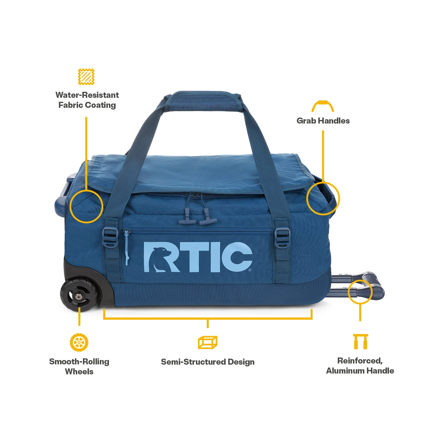 RTIC Road Trip Rolling Duffle Bag, Medium, Water-Resistant and Wheeled, Navy & Denim