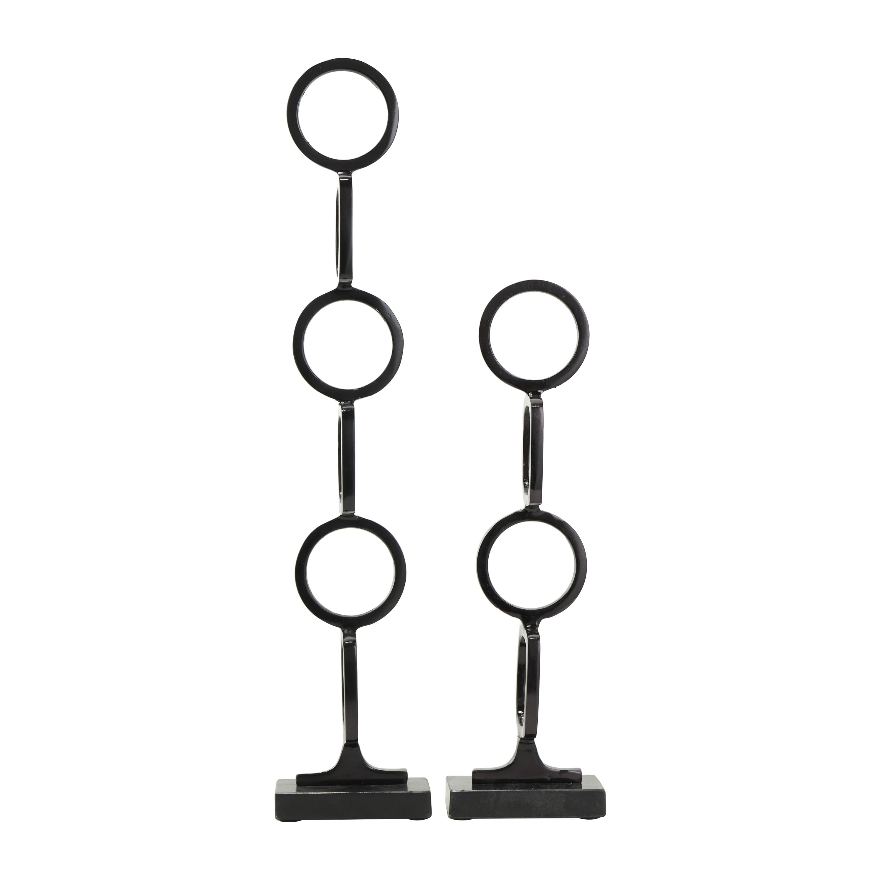 28", 19"H Black Aluminum Stacked Geometric Rings Abstract Sculpture with Marble Bases, by DecMode (2 Count)