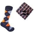 thumbnail image 1 of Triple M Plus Novelty Men's Argyle Socks with Bowtie and Pocket Square Set In Navy with Orange and Gray Color, 1 of 1
