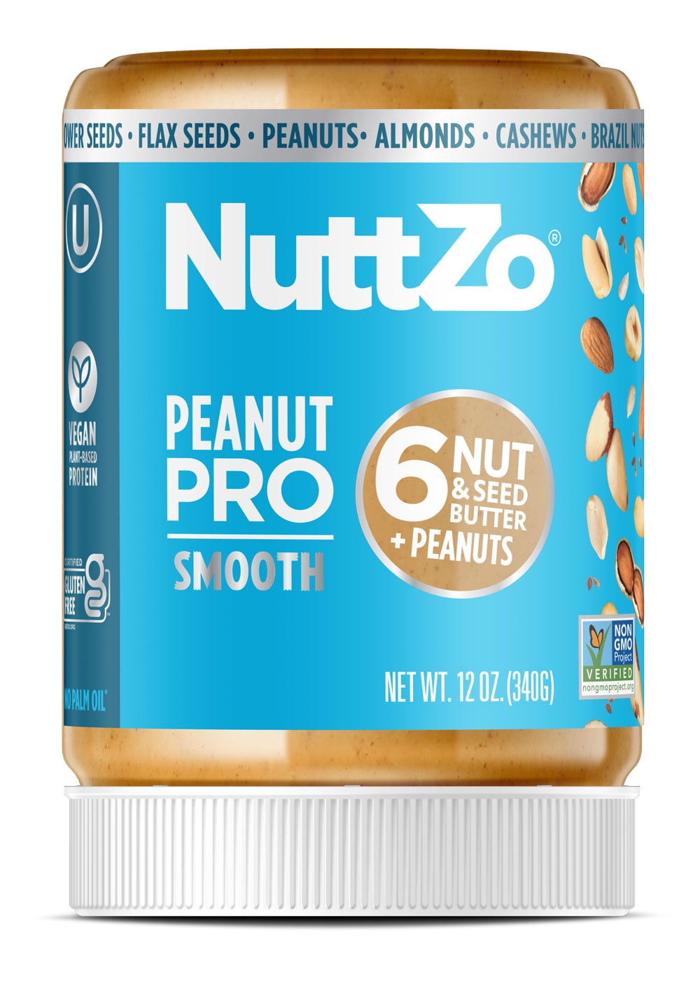 NuttZo Peanut Pro Smooth Peanut Butter Spread, 7 Nuts & Seeds Blend, 12 oz Jar