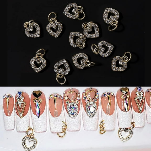 10pcs Sweet 3D Gold Heart Dangle Alloy Glitter Nail Charm Rhinestone Nail Jewelry Pendants Diamond Nail Art Dangle Nail Piercing Charms Alphabet Alloy 3D Nail Art Charm Acrylic Tips