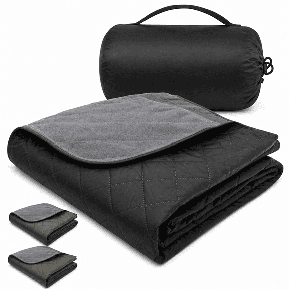 Black Fleece Picnic Blanket 80 x 58 Inch Waterproof Windproof Outdoor Camping Travel Mat