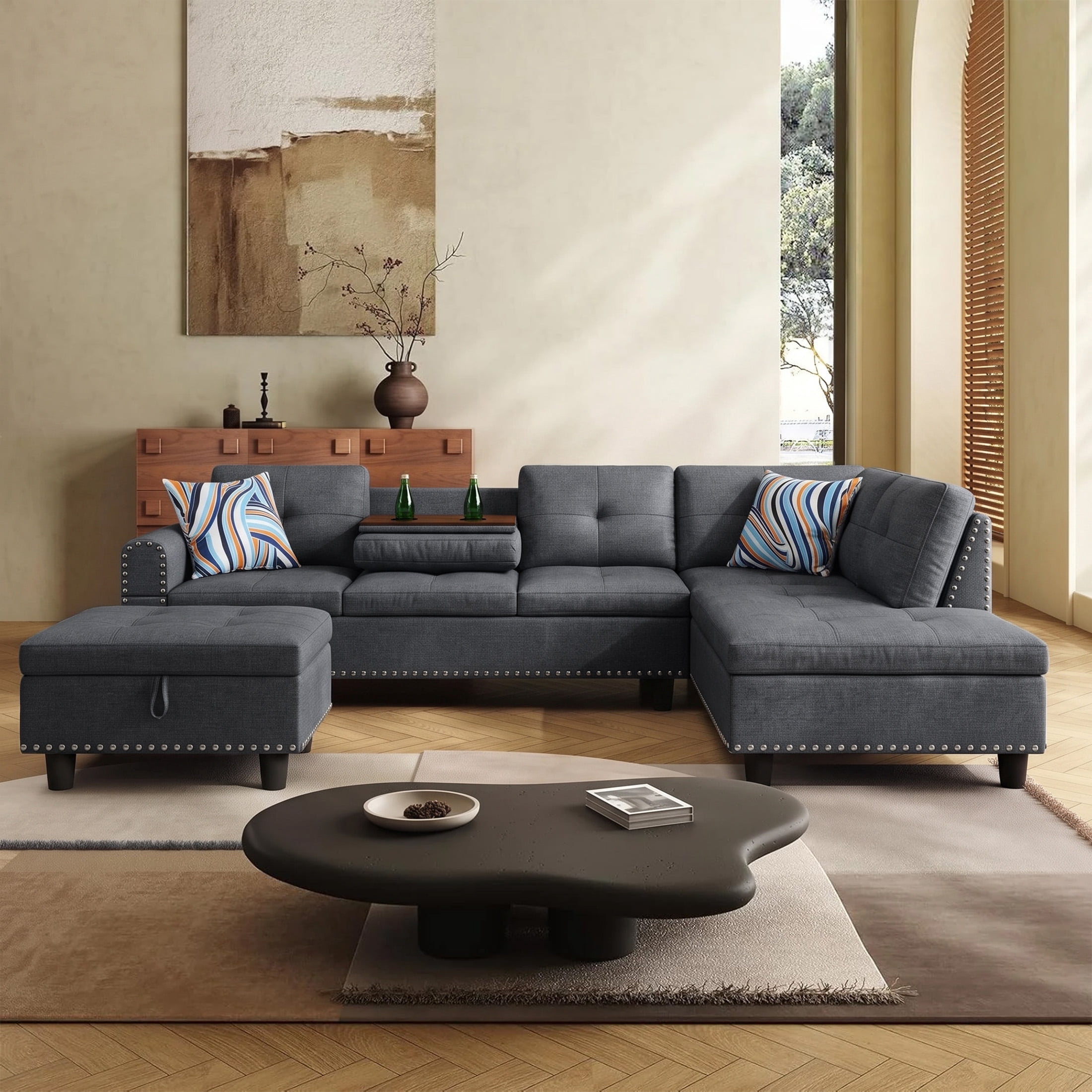 AENKYO 98" L-Shaped Sectional Sofa with Reversible Chaise, Storage Ottoman & Cup Holders, Linen, Dark Gray