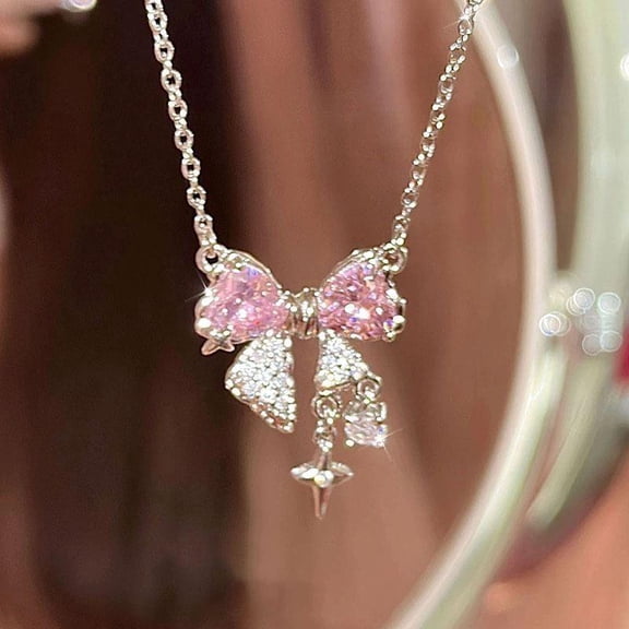 Charming Pink Gemstone Bow Pendant Necklace with Sparkling Cubic Zirconia Accents Silver Chain Christmas Jewelry Gift for Women
