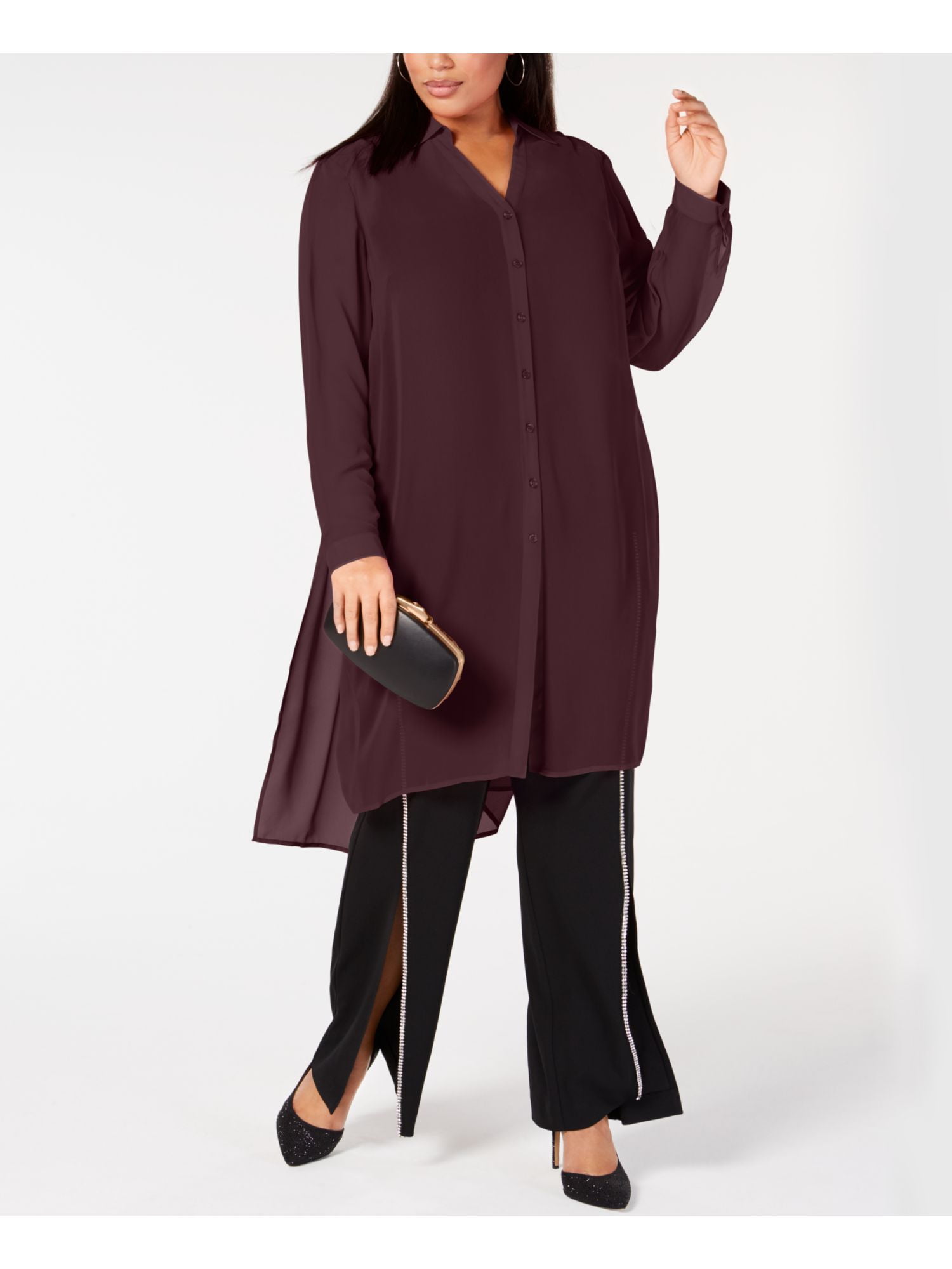 INC Womens Burgundy Sheer Long Sleeve V Neck Tunic Top Size: M ...
