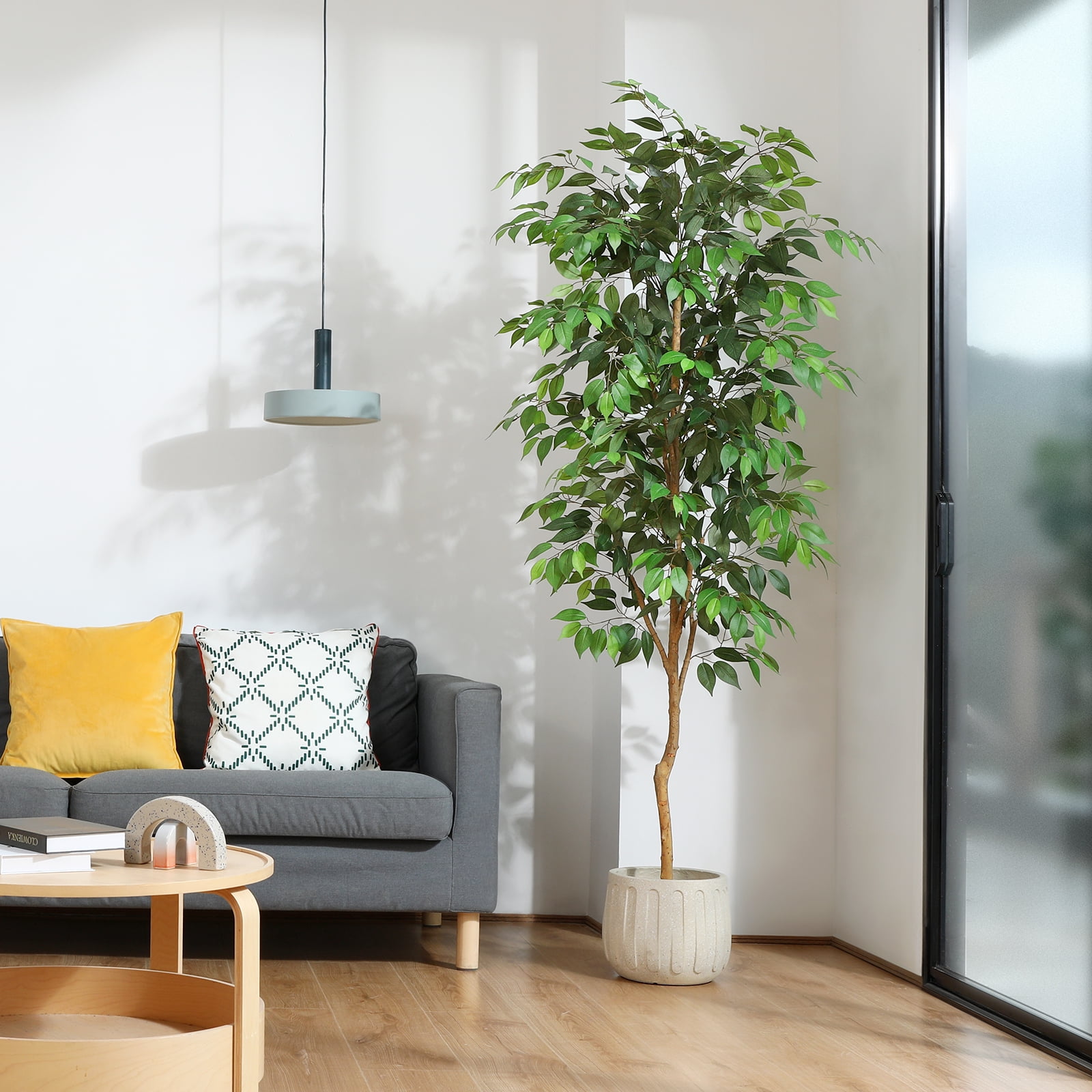 7FT Artificial Ficus Tree with Natural Wood Trunk and Lifelike Leaves, Silk Fake Potted Tree with Wood Branches, Faux Tree for Office Home Decor