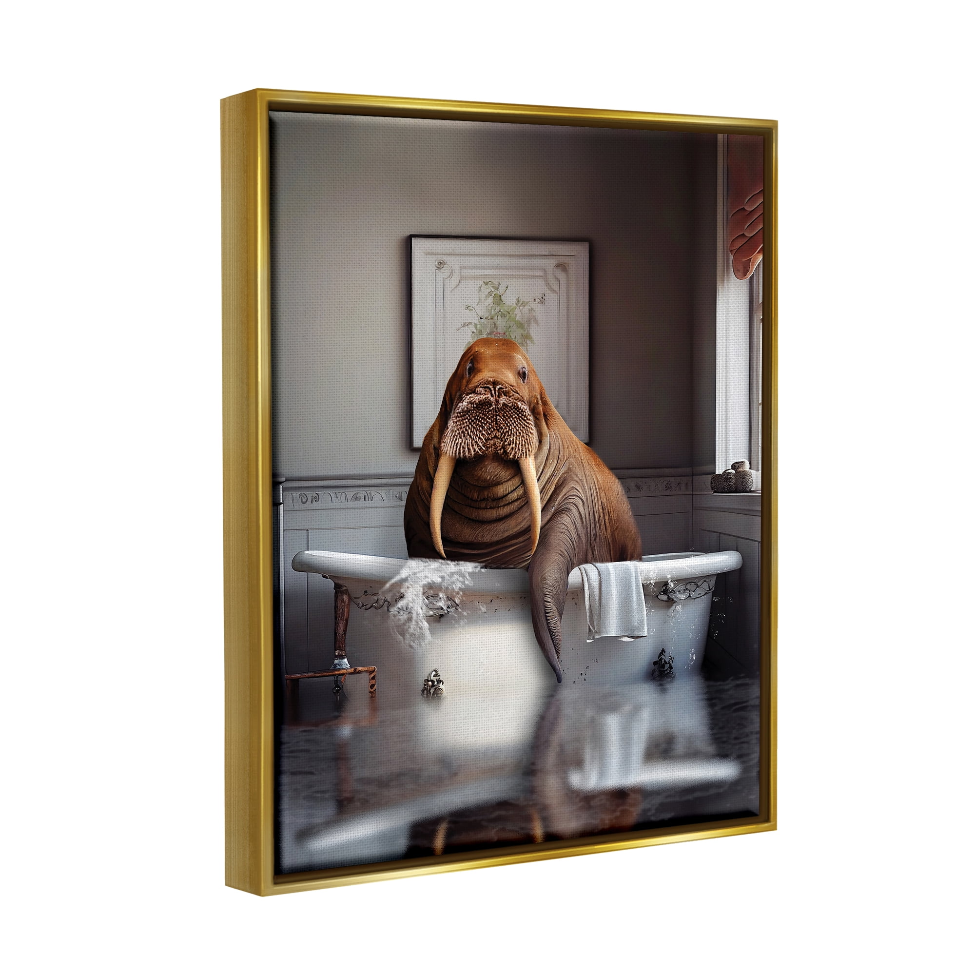 Stupell Industries Walrus in Bathtub Animals & Insects Painting Gold Floater Framed Art Print Wall Art, 25 x 31