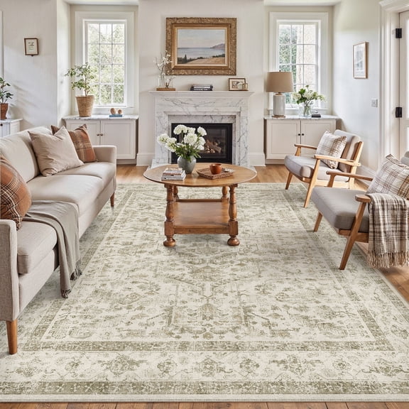 BERTHMEER 9'x12' Large Area Rug for Living Room Machine Washable Bedroom Rugs Distressed Vintage Oriental Traditional Print Beige Rug for Dining Room Farmhouse Nonsilp Carpet, Beige