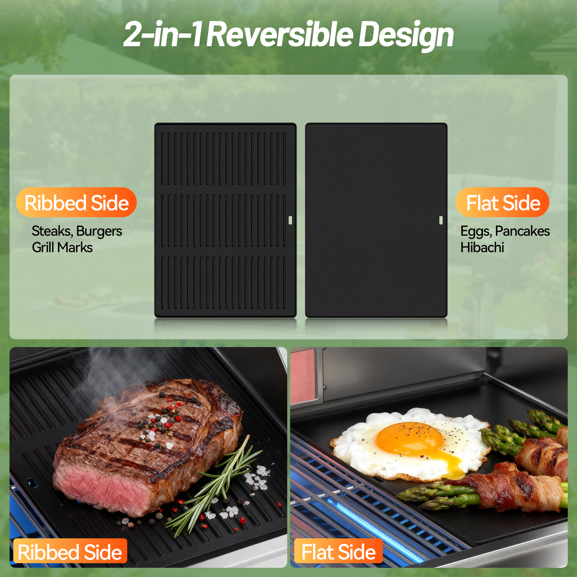 Reversible Cast Iron Grill Griddle, 18x14 Inch Double Sided Pre-Seasoned, 0.8" Thick Flat Top & Ribbed Plate for Outdoor Cooking, Fits Most 18-22 Inch Gas & Charcoal Grills