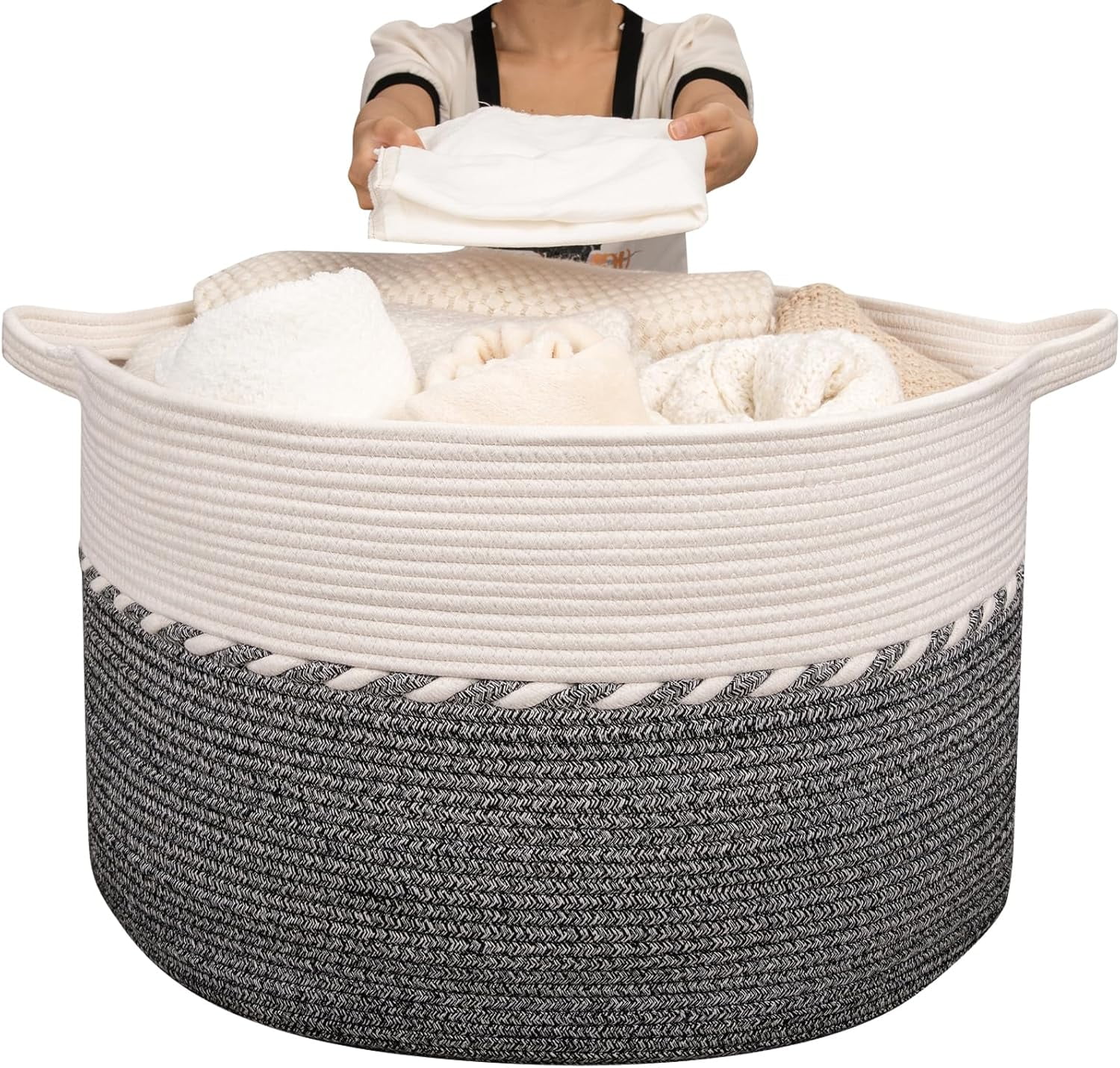 125L Extra Large Blanket Basket, 25" x 16", Jumbo Laundry Hamper, Cotton Rope Basket with Handles,Baby Toy Storage Bins,Black