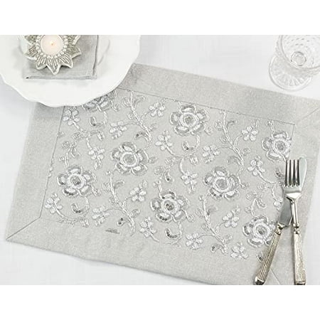 

Fennco Styles Sequin Floral Embroidered Placemats 14 W x 20 L - Silver Table Mats for Home Dining Room Banquets Wedding Holiday and Special Events