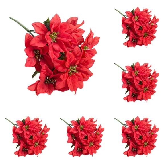 5 Pack Artificial Poinsettia Bushes,14.8 Inch Faux Red 6 Stems Velvet Poinsettia Floral for Indoor Outdoor Christmas Tree Ornament Home Porch Decorations