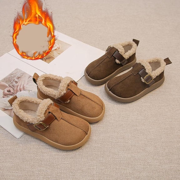 breaise Girls Plush Round Toe Slip On Orthopedic Shoes,Retro Buckle Strap Round Toe Flat Loafers,Warm Cotton Shoes