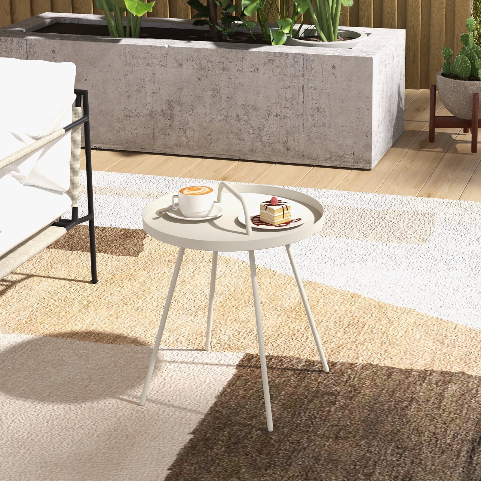 Grand Patio Round Coffee Side Table With Handle Small Steel End Table for Outdoor & Indoor, White