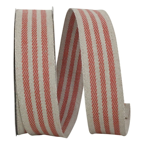 Reliant Ribbon - 25724W-756-09H, Linen Candystripe Wired Edge Ribbon, Natural/red, 1-1/2 Inch, 20 Yards