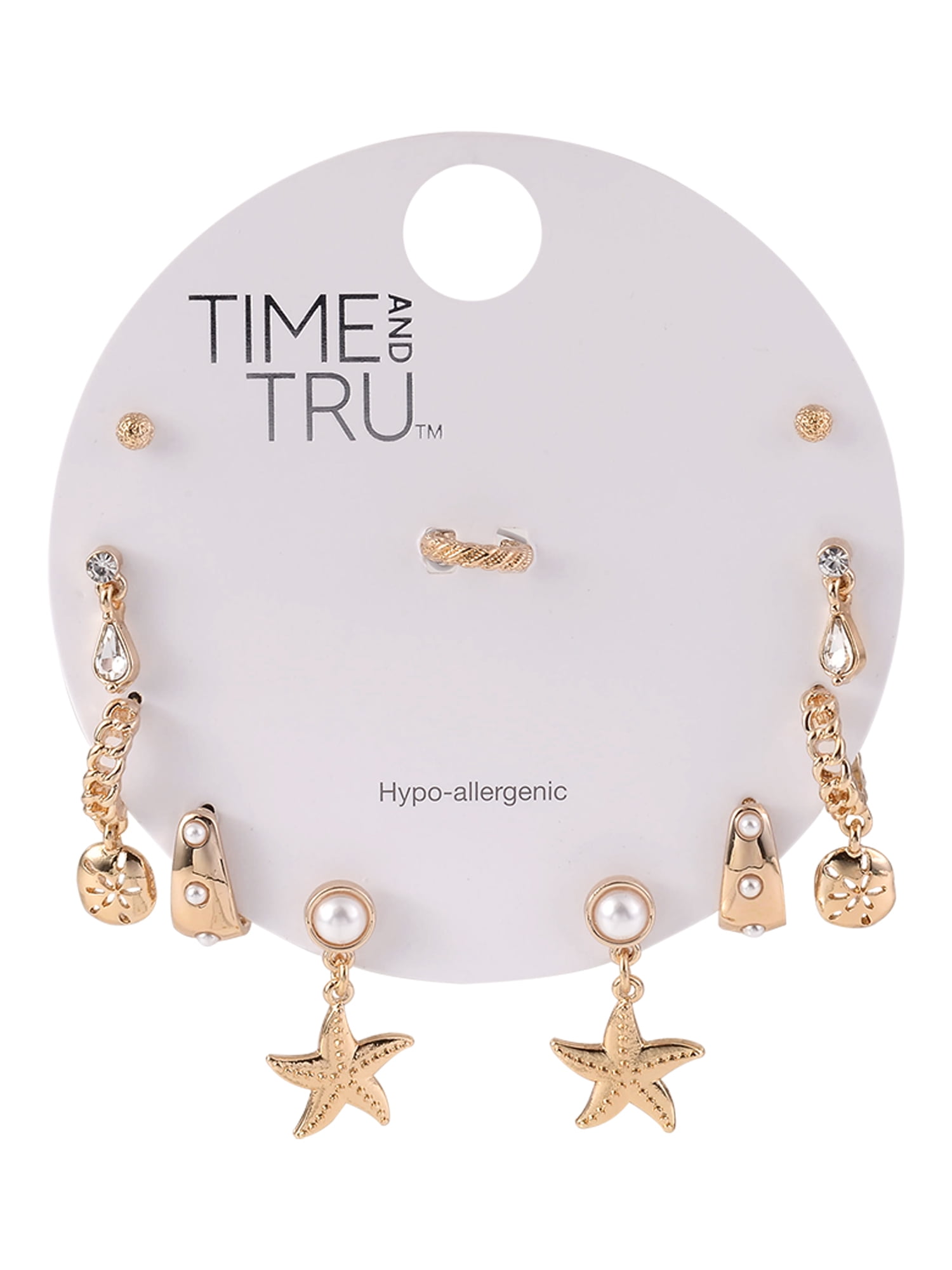Time and Tru Women's Gold-Tone Metal Starfish and Acrylic Pearl Multi Earrings, 5 Pairs with Ear Cuff