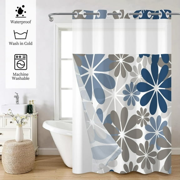 Mizhona Blue Gray Shower Curtain with Snap in Liner Boho Flowers No Hook Fabric Bathroom Curtain,71"× 71"