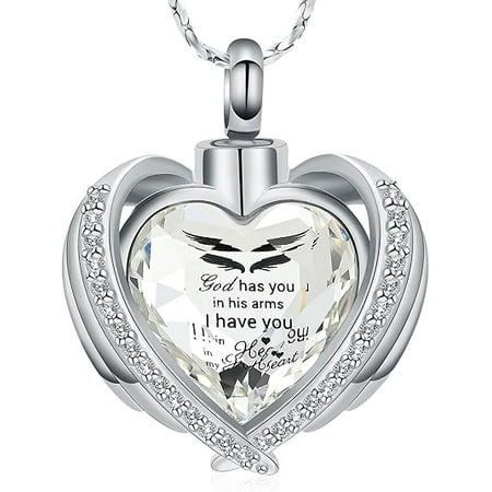 Crystal Heart Urn Necklace for Ashes - Wings Cremation Urn Necklace for HUman / Pet Memorial Locket Keepsake Jewelry Human/Pets Ashes Urn With Filling Kits